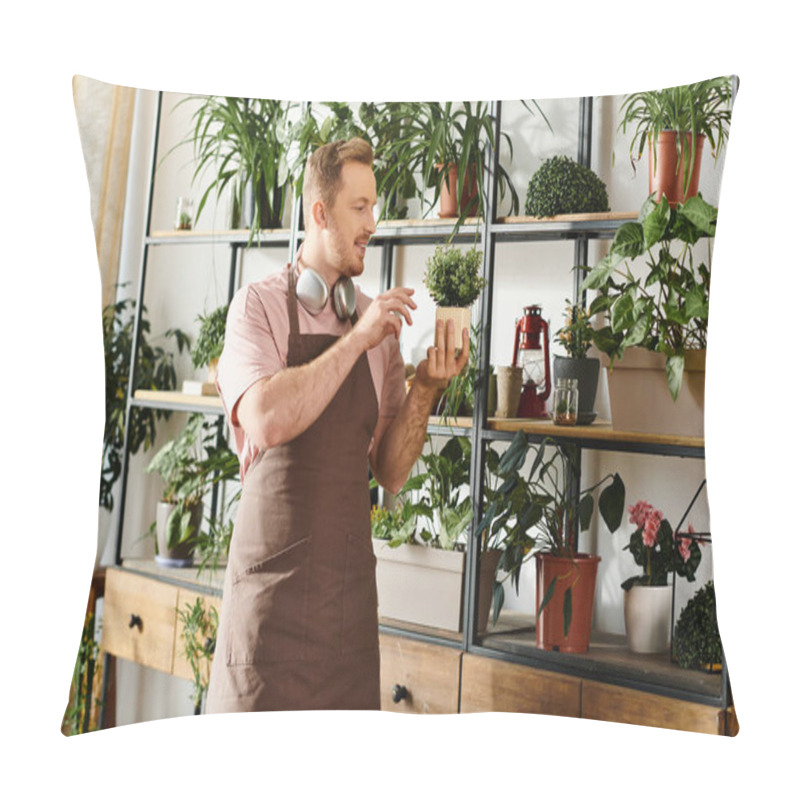 Personality  A Man Stands In Front Of A Shelf Filled With Various Potted Plants In A Small Plant Shop, Embodying The Essence Of Nature And Entrepreneurship. Pillow Covers