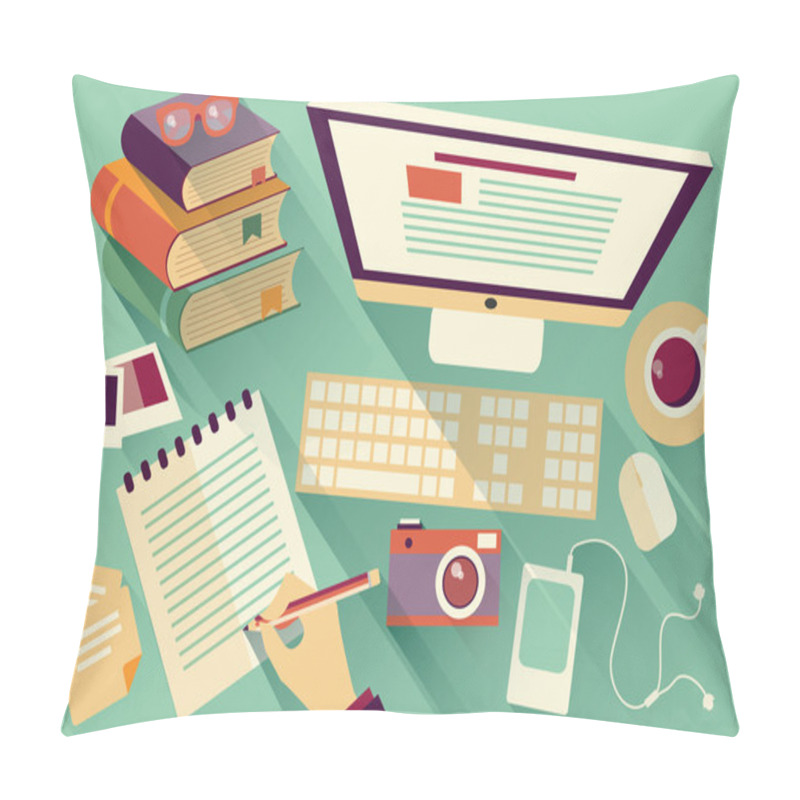 Personality  Flat Design Objects, Work Desk, Long Shadow, Office Desk, Computer And Stationery Pillow Covers