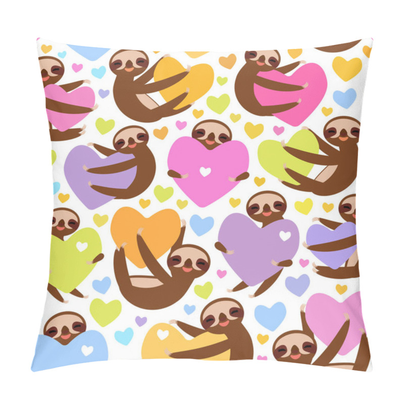 Personality  Seamless Pattern Three-toed Sloth Holding Red Pink, Yellow, Lilac, Orange, Blue Heart, Isolated On White Background. Valentine's Day Card Banner Template. Funny Kawaii Animal. Vector Pillow Covers