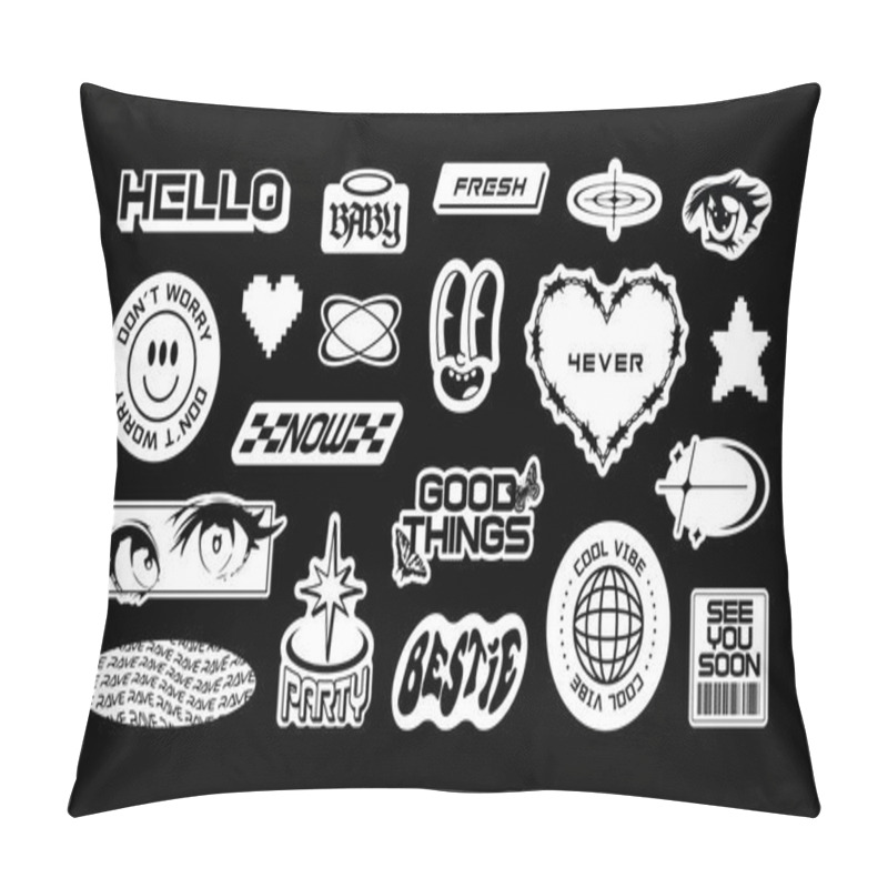 Personality  Trendy Y2K Sticker Illustration Set. Retro 2000s Text Quote Label Collection. Funny Futuristic Tag With Love Heart, Anime Cartoon And Party Message. Black And White Gen Z Cyber Style Bundle. Pillow Covers