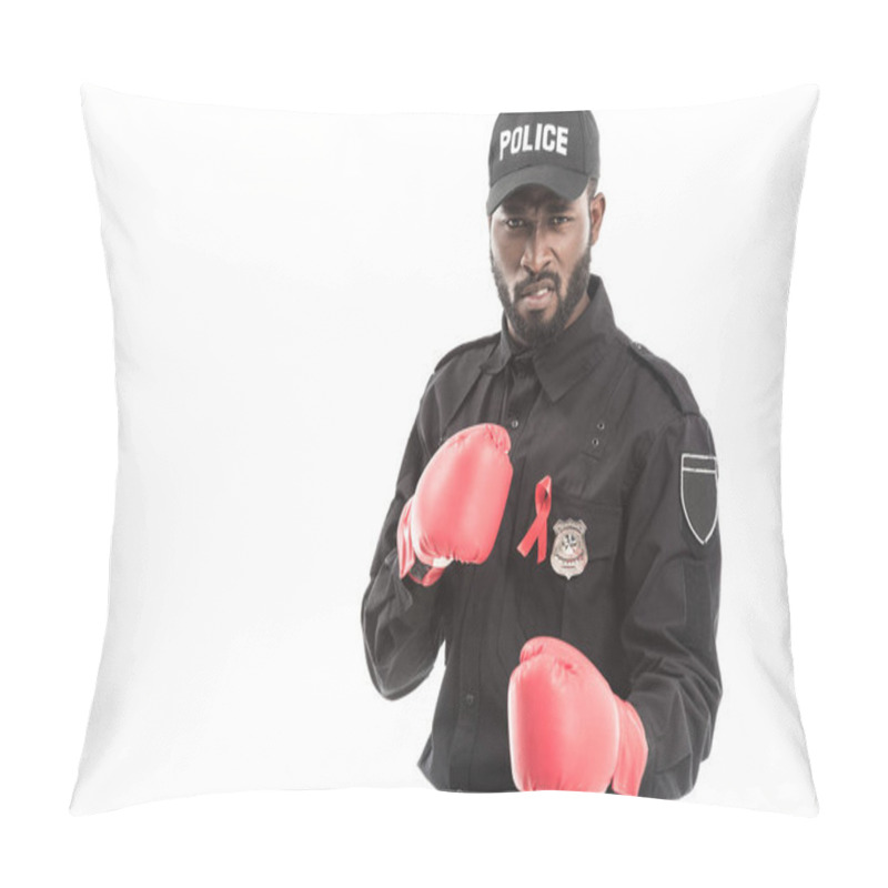 Personality  Grimacing African American Police Officer With Boxing Gloves Isolated On White, Fighting Aids Concept Pillow Covers