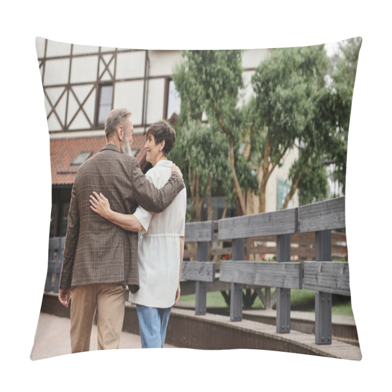 Personality  Happy And Elderly Man And Woman Hugging And Walking Together Outdoors, Senior Couple, Romance Pillow Covers