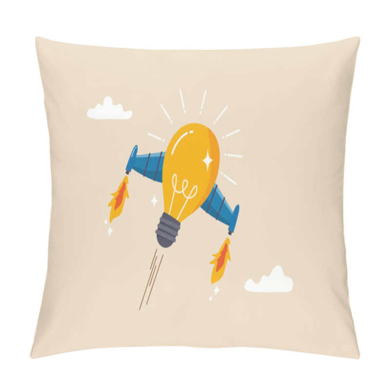 Personality  Boost Creative Idea, Imagination, Innovation Or Technology To Help Success, Invent New Solution To Win Business Competition Concept, Bright Lightbulb Idea With Rocket Booster Flying Fast Into The Sky. Pillow Covers