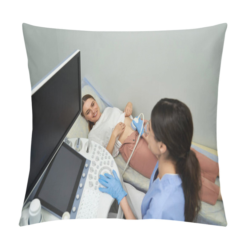 Personality  A Gynecologist Performs A Detailed Ultrasound On A Relaxed Woman At A Modern Clinic. Pillow Covers