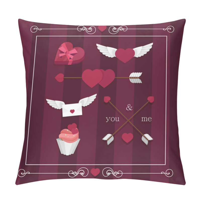 Personality  Happy Valentines Day Set With Hearts, Wings, Candy, Gift, Ribbon, Bow, Letter Recognition, Cake Pillow Covers