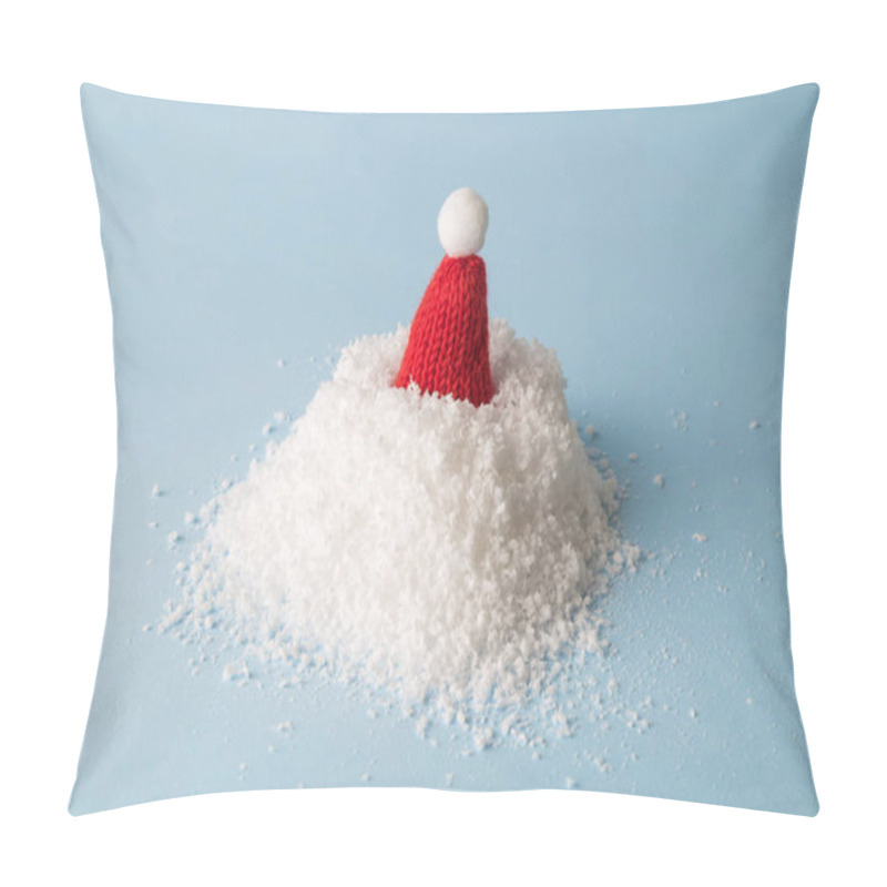 Personality  Heap Of Snow And Red Christmas Hat Against Pastel Blue Background Minimal Creative Winter Season Concept. Pillow Covers