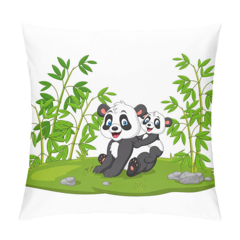 Personality  Vector Illustration Of Cartoon Mom And Baby Panda In The Bamboo Tree Pillow Covers