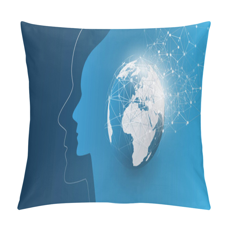 Personality  Machine Learning, Artificial Intelligence, Cloud Computing, Automated Support Assistance And Networks Design Concept With Earth Globe And Human Head Pillow Covers