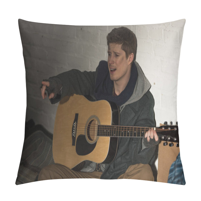 Personality  Homeless Man Playing Guitar And Singing While Sitting By White Brick Wall Pillow Covers