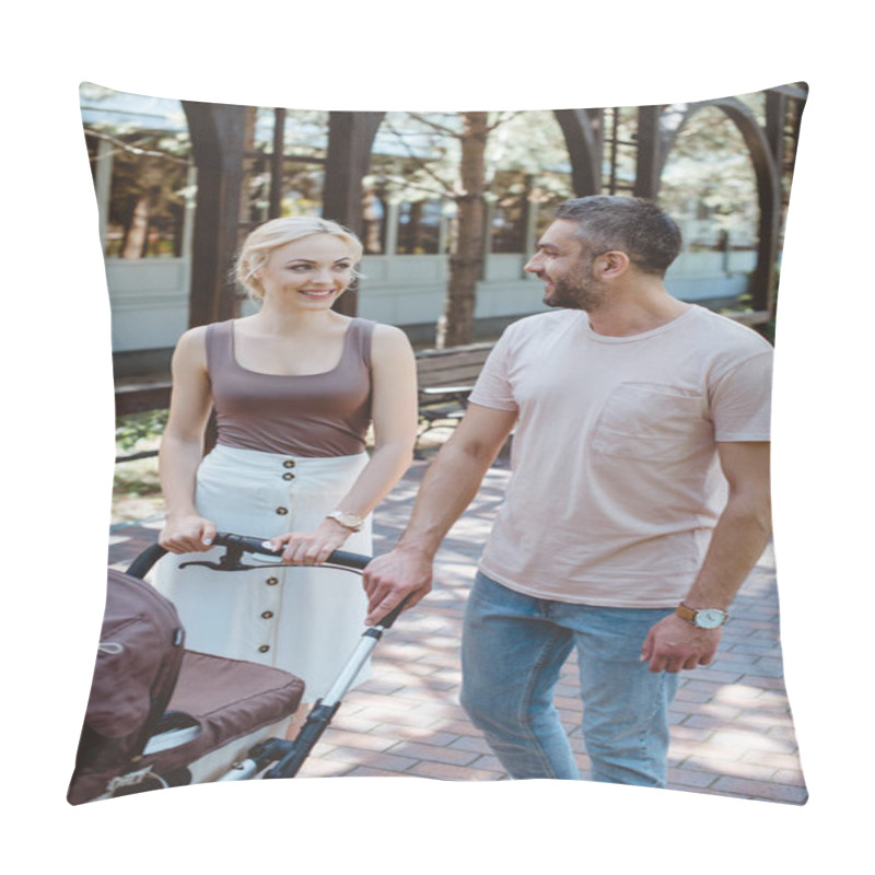 Personality  Smiling Parents Walking With Baby Carriage In Park And Looking At Each Other Pillow Covers