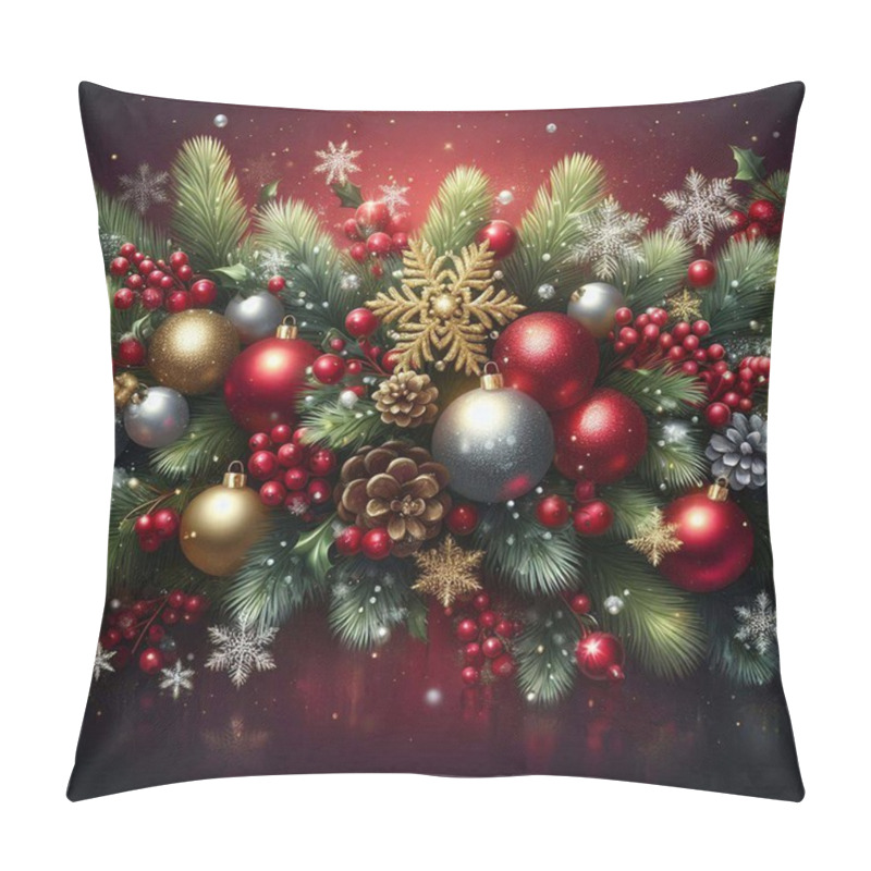 Personality  Gradient Christmas Tinsel Background  Realistic Background For Christmas Season Celebration With Fir And Ornaments  Lovely Christmas Background With Realistic Design  Christmas Ornament Colorful Balls Pine Branches With Stars On Red Wooden Background Pillow Covers