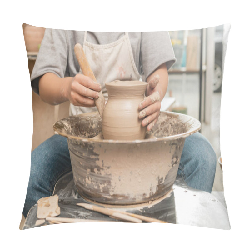 Personality  Cropped View Of Young Female Artisan In Apron Making Shape Of Clay Vase With Wooden Tool On Spinning Pottery Wheel In Blurred Ceramic Workshop At Background, Pottery Creation Process Pillow Covers