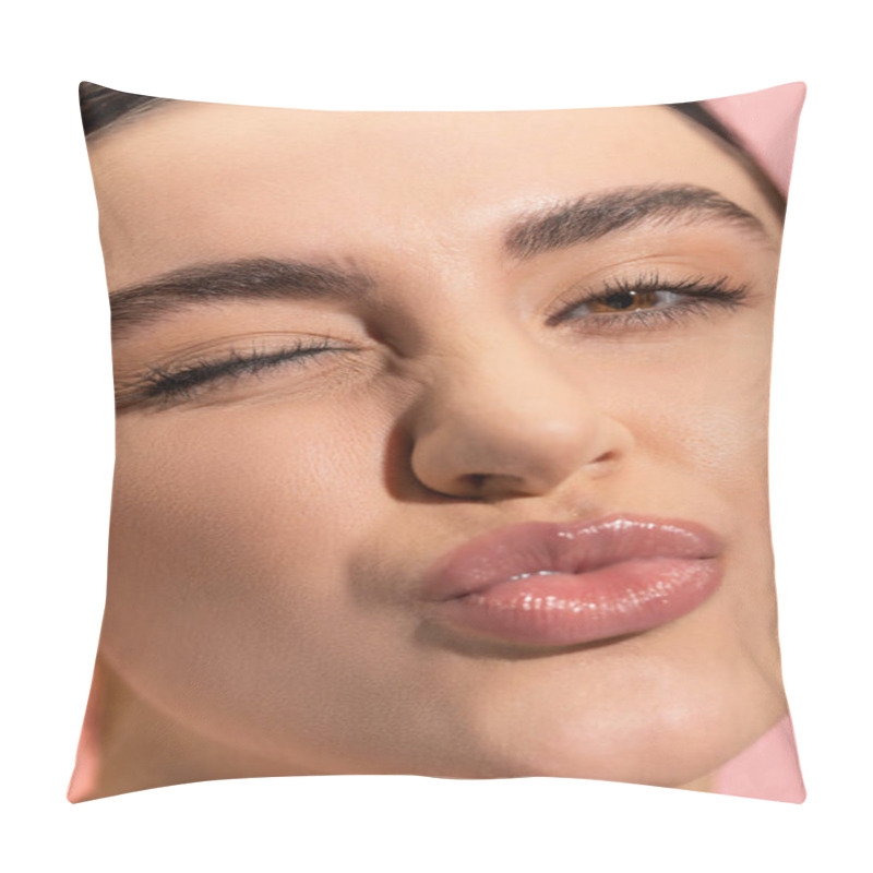 Personality  Close Up Of Young Woman Pouting Lips And Winking Eye Isolated On Pink  Pillow Covers