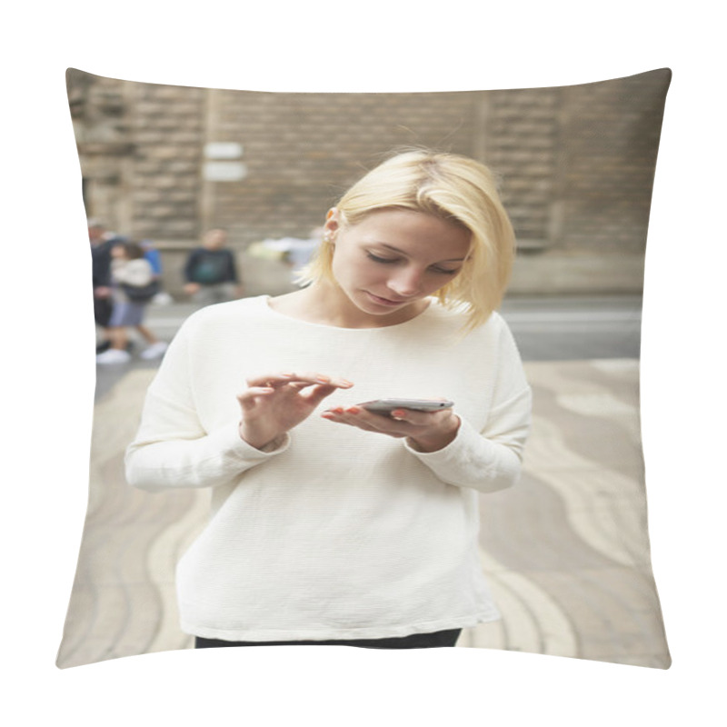 Personality  Woman Using Smartphone In Urban Setting Pillow Covers