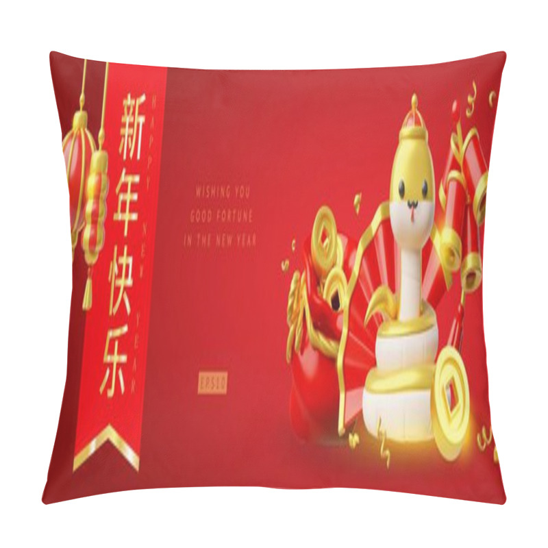 Personality  Chinese Happy New Year Vector Banner Festive Design. Snake Figure, Gifts Bag With Golden Coins, Red Fan And Firecrackers, Lanterns 3D Render Composition. Asian Traditional Lucky Fortune Symbols Pillow Covers