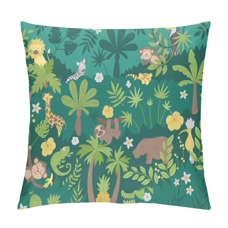 Personality  Ector Background With Cute Exotic Animals, Leaves, Flowers, Fruits. Funny Tropical Scene With Birds And Plants. Bright Flat Illustration For Children. Jungle Summer Clip Ar Pillow Covers