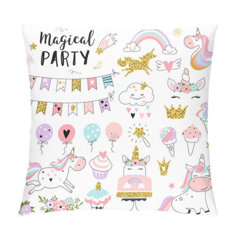 Personality  Unicorn Magic Party Elements For Greeting, Birthday, Invitation, Baby Shower Card. Set Of Rainbow, Sweets, Crown, Balloons, Flags, Cupcakes And Other. Vector Illustration. Pillow Covers