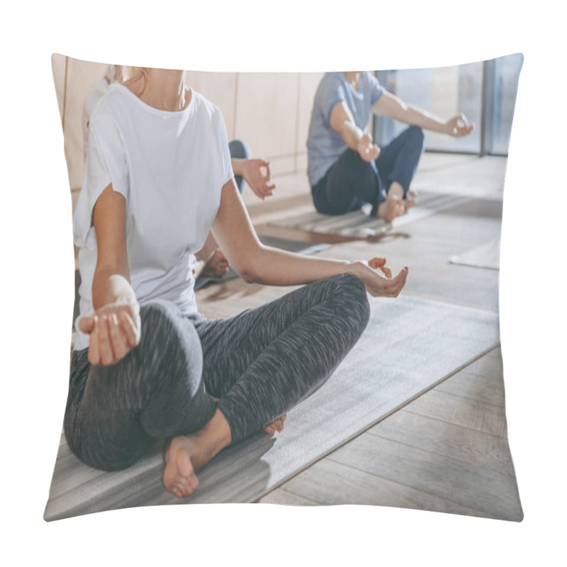 Personality  Group Of Senior People Practicing Yoga With Instructor In Lotus Pose On Mats In Studio Pillow Covers