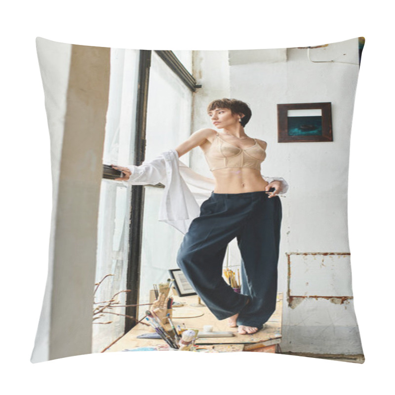 Personality  A Woman Standing Confidently On Top Of A Window Sill In A Room. Pillow Covers