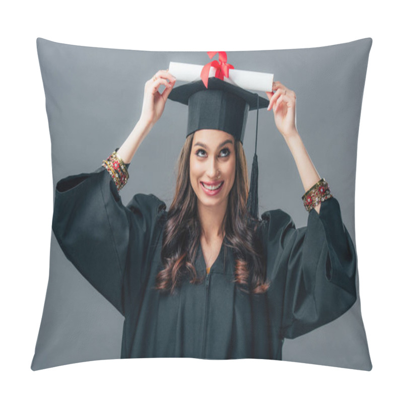 Personality  Cheerful Indian Student In Graduation Hat Holding Diploma, Isolated On Grey Pillow Covers