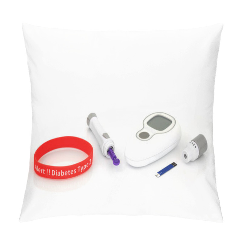 Personality  Diabetes Monitoring & Testing Equipment Kit With Blood Glucose Monitor Meter, Lancing Device, Tester Strip & Type 2 Diabetes Alert Rubber Wristband In Red. On White Background. Pillow Covers