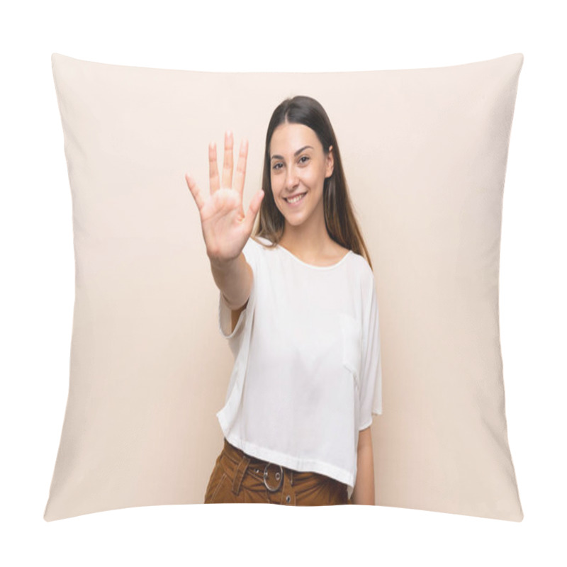 Personality  Young Brunette Woman Over Isolated Background Counting Five With Fingers Pillow Covers