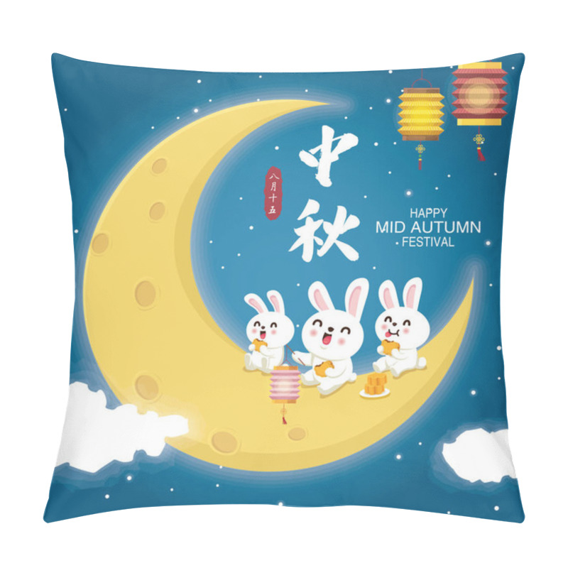 Personality  Vintage Mid Autumn Festival Poster Design With The Rabbit Character. Chinese Translate: Mid Autumn Festival, Happy Mid Autumn Festival, Fifteen Of August. Pillow Covers