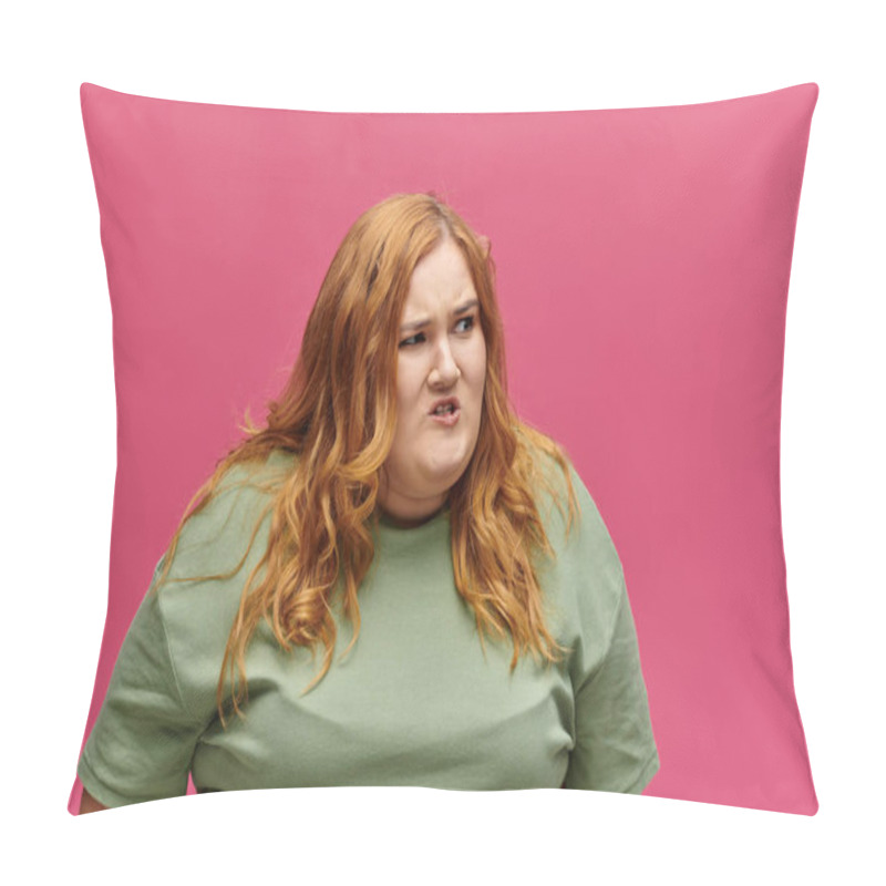 Personality  A Woman With Red Hair Wearing A Green Shirt Looks Away From The Camera With A Look Of Frustration. Pillow Covers