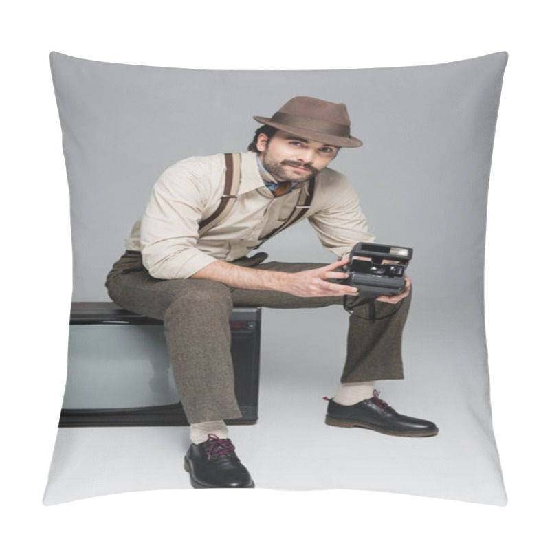 Personality  Full Length Of Smiling Man Retro Style Clothing And Hat Holding Vintage Camera And Sitting On Antique Tv On Grey  Pillow Covers