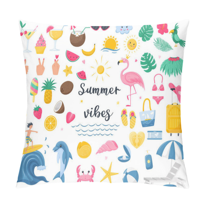 Personality  A Set Of Bright Summer Decorative Elements. Fruit, Beach Accessories, Flamingo, Surfer, Fruit. Cute Vector Illustrations In Flat Cartoon Style Isolated On White Background Pillow Covers