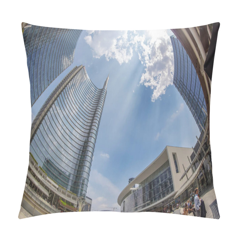 Personality  MILAN,ITALY-JULY 22,2018:Wide Angle View Of The Skyscrapers In Gae Aulenti Square The New Financial District At Porta Garibaldi,with Unicredit Bank Tower The Tallest Skyscraper In Italy By Cesar Pelli Pillow Covers