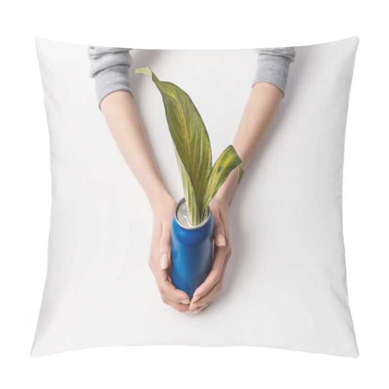 Personality  Cropped Shot Of Woman Holding Can With Green Leaves Inside Isolated On Grey, Reuse And Environment Concept Pillow Covers