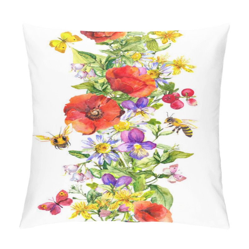 Personality  Floral Repeating Border With Summer Flowers And Insects Butterflies, Honey Bees . Watercolor Meadow Grass Pillow Covers