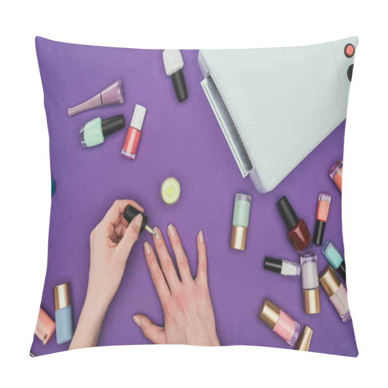 Personality  Cropped Image Of Woman Painting Nails Isolated On Purple Pillow Covers