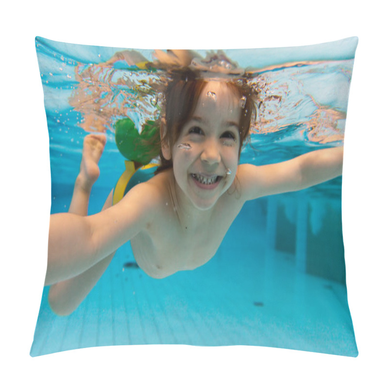 Personality  The Girl Smiles, Swimming Under Water In The Pool Pillow Covers