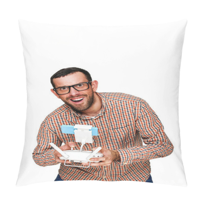 Personality  Man With Flying Drone. Studio Shot On White Background, Isolated Pillow Covers