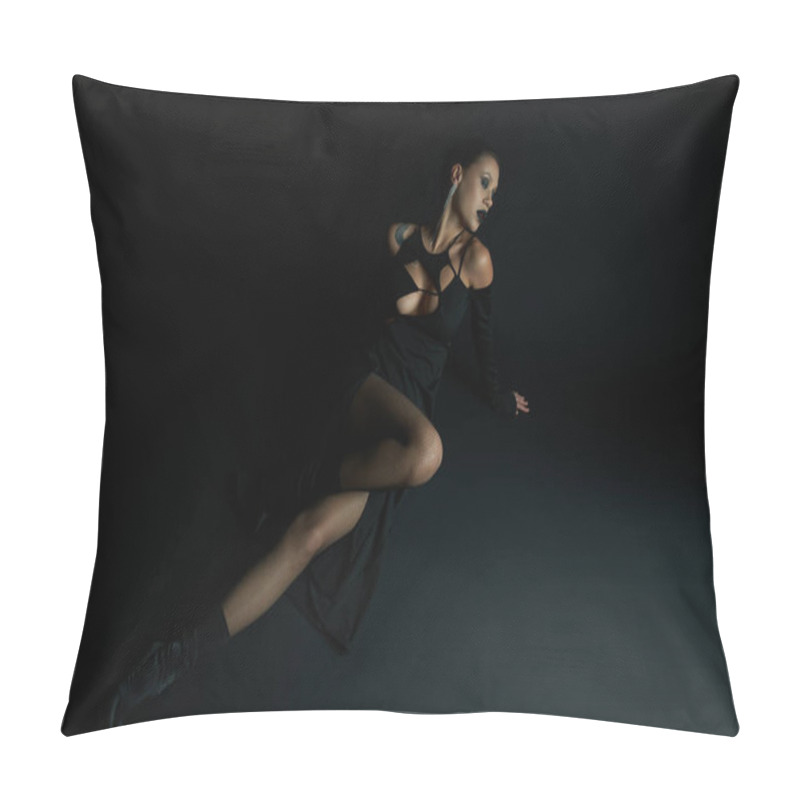 Personality  Tattooed Demon-inspired Woman In Stylish Halloween Dress Sitting On Black Backdrop, Full Length Pillow Covers