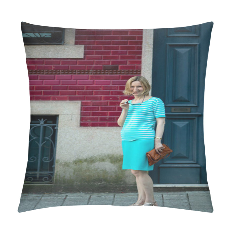 Personality  A Woman In A Cheerful Summer Mood Stands Near A Typical Portuguese House, Enjoying The Warm Atmosphere. Pillow Covers