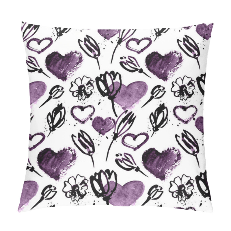 Personality  Watercolor Purple Hearts And Flowers In Grunge Style, Hand Drawn Illustration, Seamless Pattern Pillow Covers