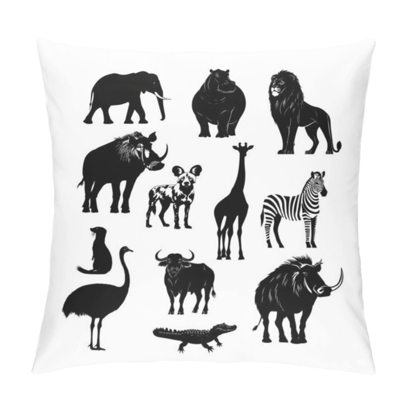 Personality  Silhouettes Of African Wildlife Including Giraffes, Zebras, And Rhinos On A White Background Pillow Covers