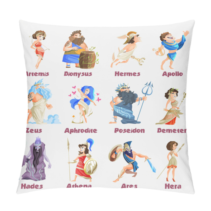 Personality  Old Greek Gods Cartoon Figures Set With Dionysus Zeus Poseidon Aphrodite Apollo Athena Vector Illustration. Pillow Covers