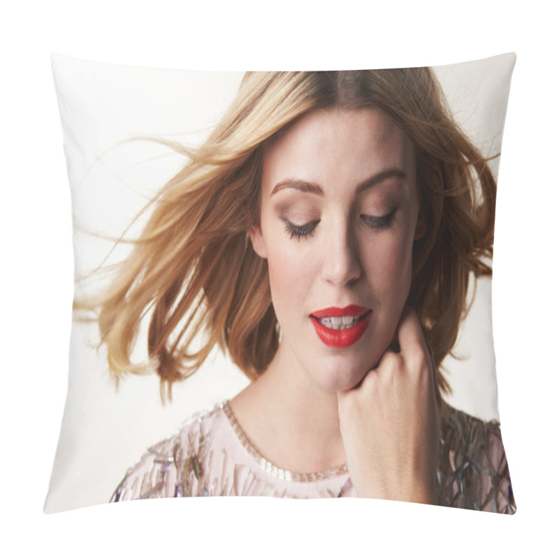 Personality  Glamorous Blonde Woman Looking Down Pillow Covers