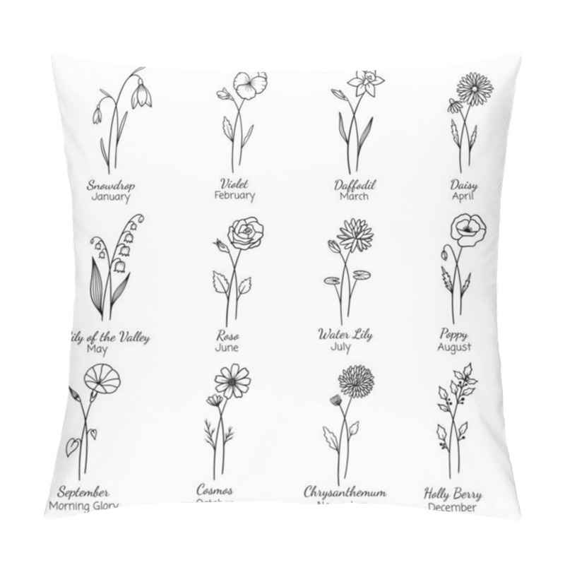 Personality   Birth Month Flowers Set.Hand Drawn Flowers Set. Silhouette Vector Flat Illustration. Astrological Zodiac, Esoteric, Tattoo. Pillow Covers