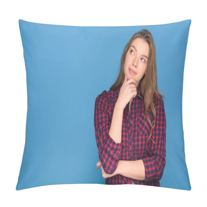 Personality  Beautiful Young Thoughtful Girl, Isolated On Blue Pillow Covers