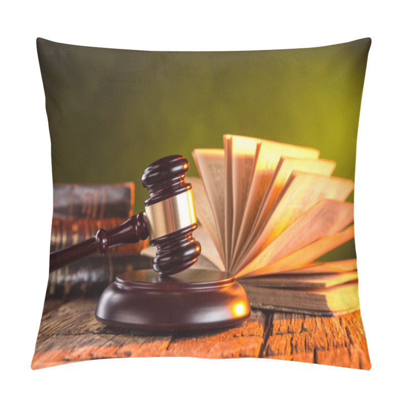 Personality  Wooden Gavel And Books On Wooden Table Pillow Covers