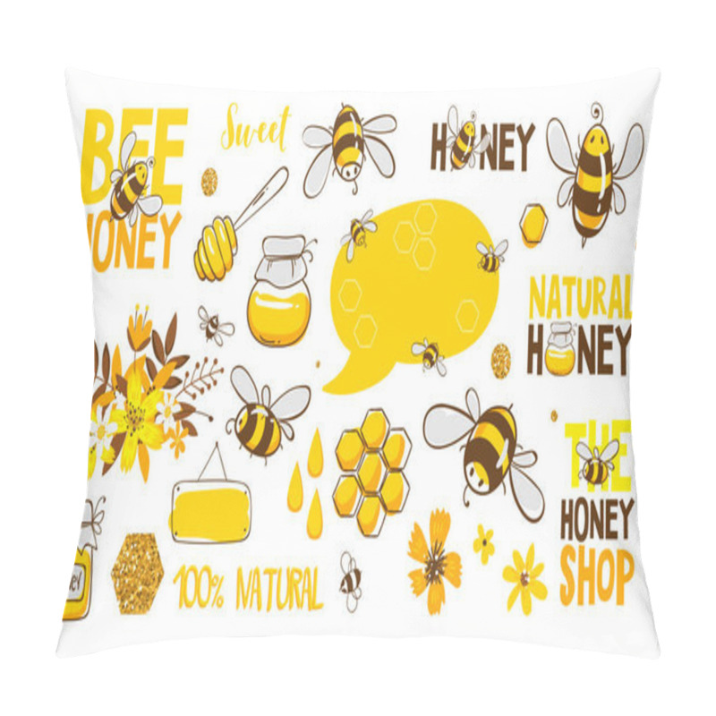 Personality  Set Of Bee, Honey, Lettering And Other Beekeeping Illustration. Vector EPS10. Pillow Covers