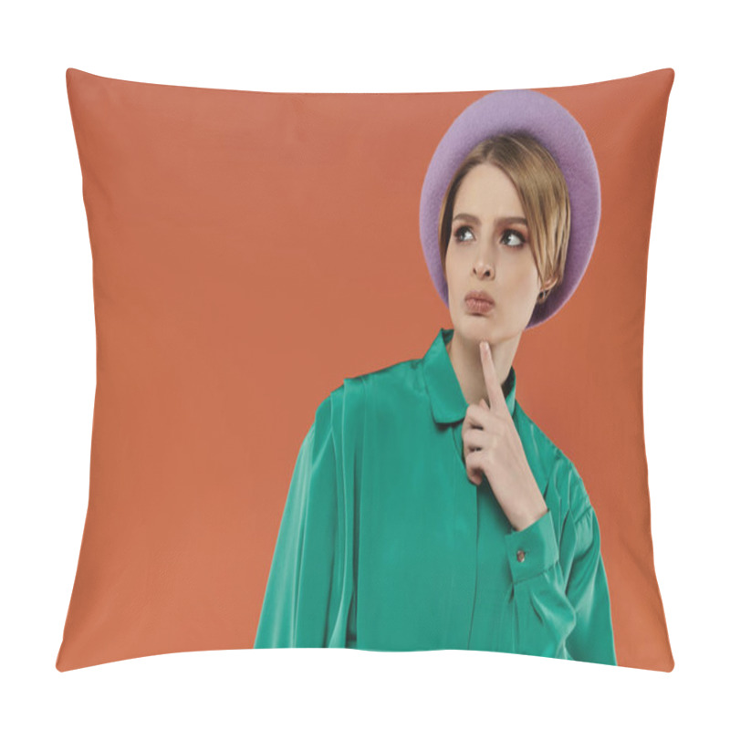 Personality  A Woman In A Green Blouse And Purple Beret Ponders Thoughtfully, Her Hand Resting On Her Chin. Pillow Covers