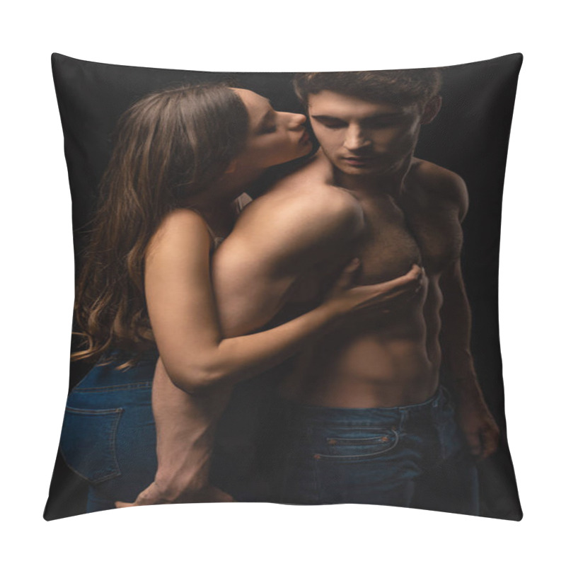 Personality  Attractive Young Woman Hugging And Kissing Sexy Boyfriend Isolated On Black Pillow Covers