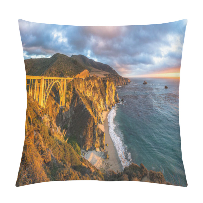 Personality  Scenic Panoramic View Of Historic Bixby Creek Bridge Along World Famous Highway 1 In Beautiful Golden Evening Light At Sunset With Dramatic Cloudscape In Summer, Monterey County, California, USA Pillow Covers