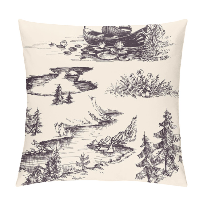 Personality  Nature Design Elements Set. Boats On Water, River, Lake, Flowers Pillow Covers